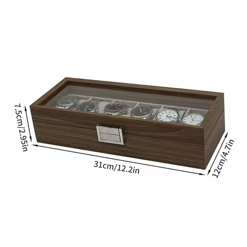 Boîte à Montres 6 Compartiments – Rivoli, schéma des dimensions, finition noyer, fermée