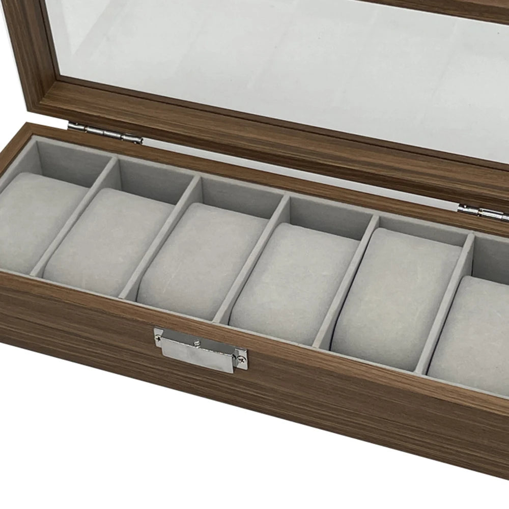 Boîte à Montres 6 Compartiments – Rivoli, gros plan sur les finitions, finition noyer