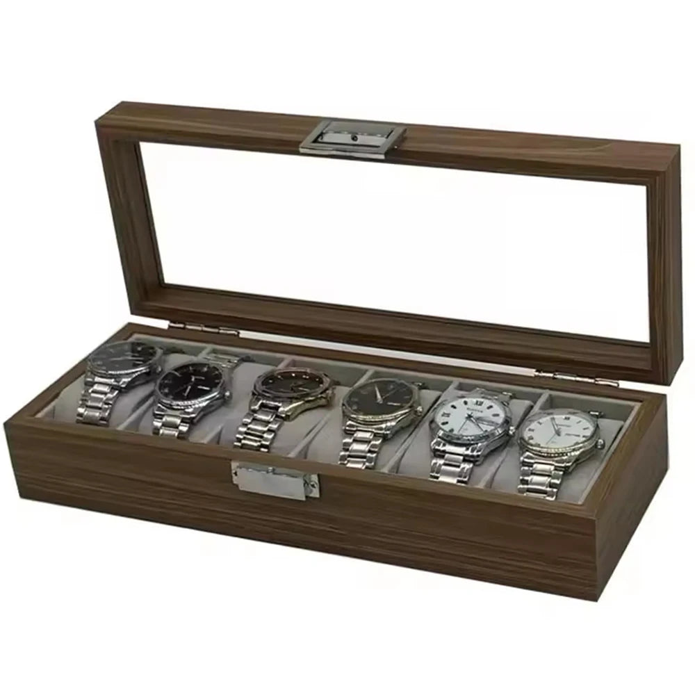 Boîte à Montres 6 Compartiments – Rivoli, vue de trois quarts sur fond clair, finition noyer, avec montres