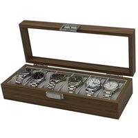 Boîte à Montres 6 Compartiments – Rivoli, vue de trois quarts sur fond clair, finition noyer, avec montres