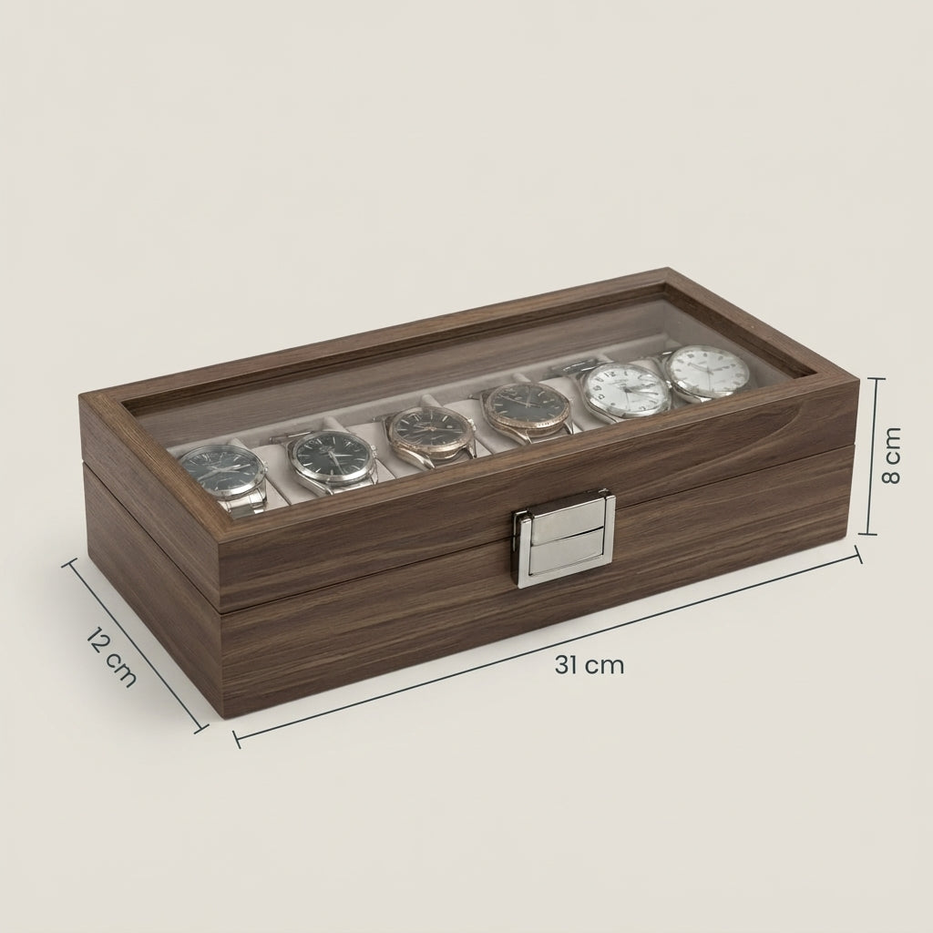 Boîte à Montres 6 Compartiments – Sèvres, schéma des dimensions, finition noyer, fermée