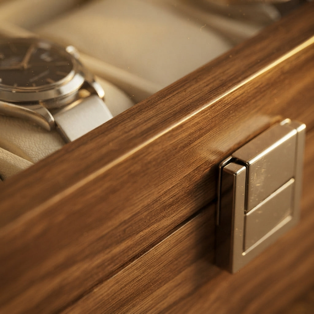 Boîte à Montres 6 Compartiments – Sèvres, gros plan sur les finitions, finition noyer