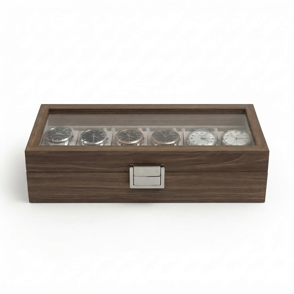 Boîte à Montres 6 Compartiments – Sèvres, vue de face sur fond clair, finition noyer, fermée