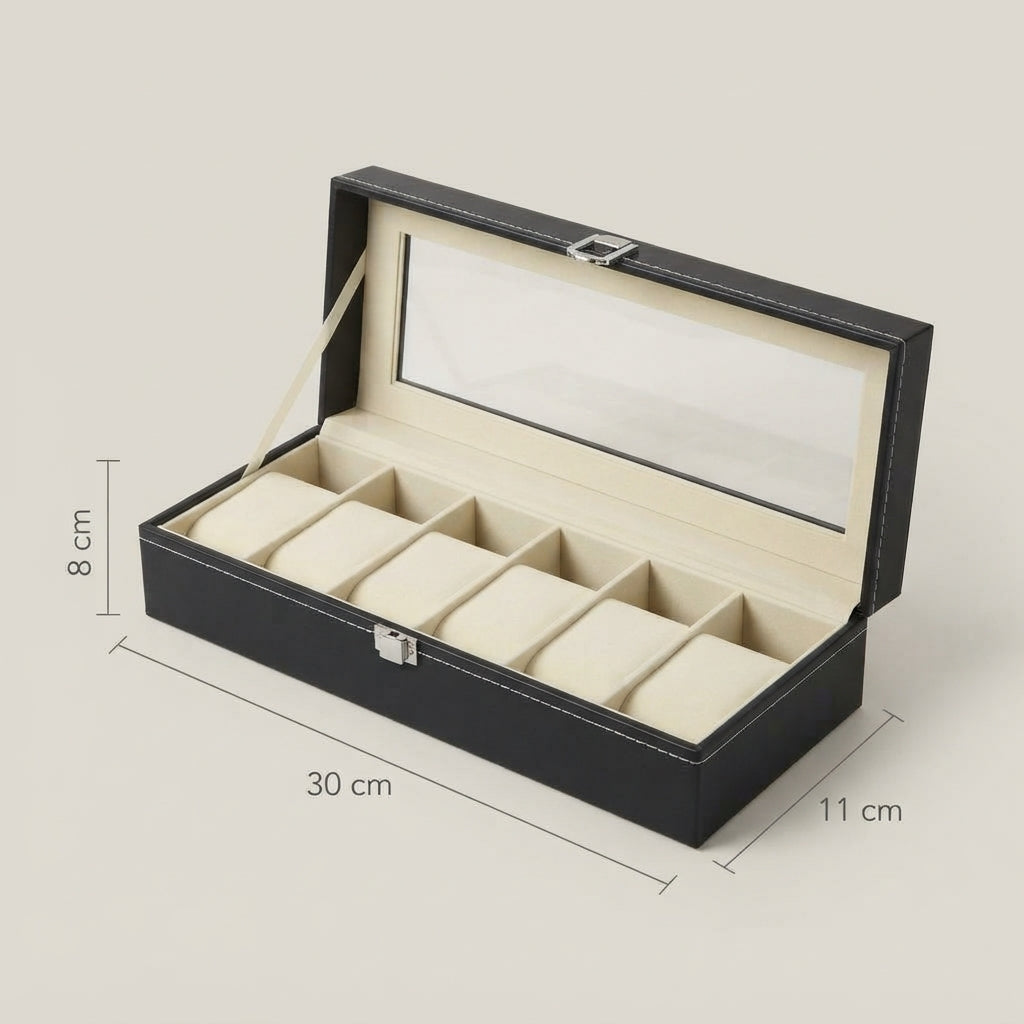 Boîte à Montres 6 Compartiments – Versailles, schéma des dimensions, finition noire