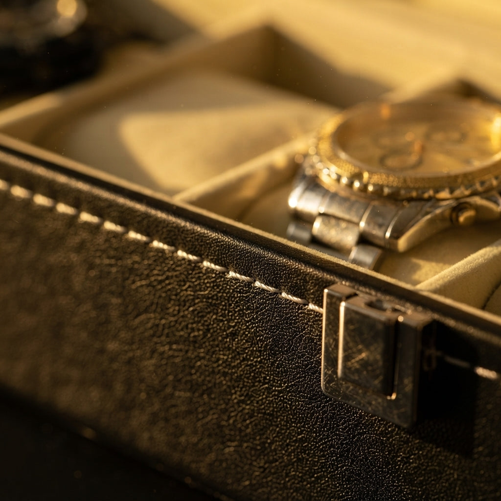 Boîte à Montres 6 Compartiments – Versailles, gros plan sur les finitions, finition noire, avec montres