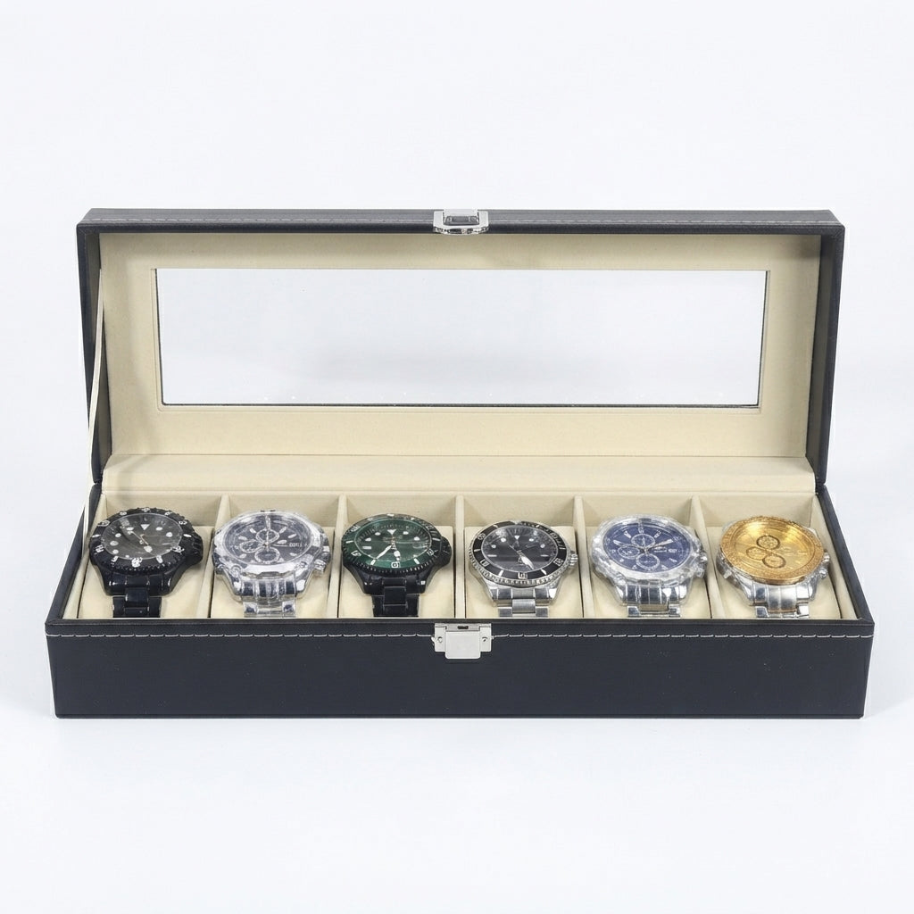 Boîte à Montres 6 Compartiments – Versailles, vue de face sur fond clair, finition noire, avec montres