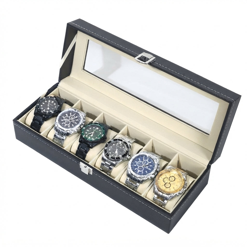 Boîte à Montres 6 Compartiments – Versailles, vue de trois quarts sur fond clair, finition noire, avec montres