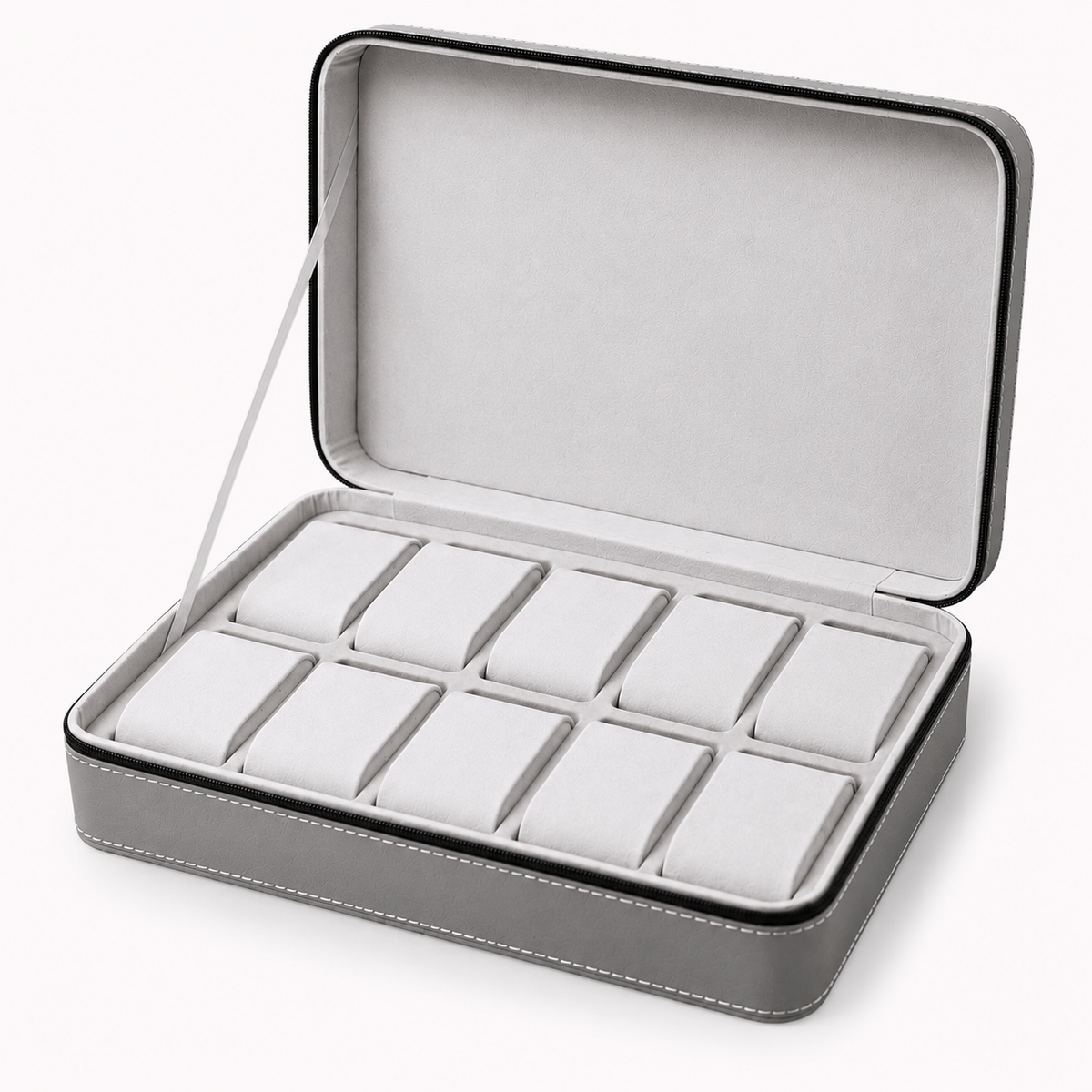 Étui à Montres 10 Compartiments – Belleville, vue de trois quarts sur fond clair, finition Gris Perle
