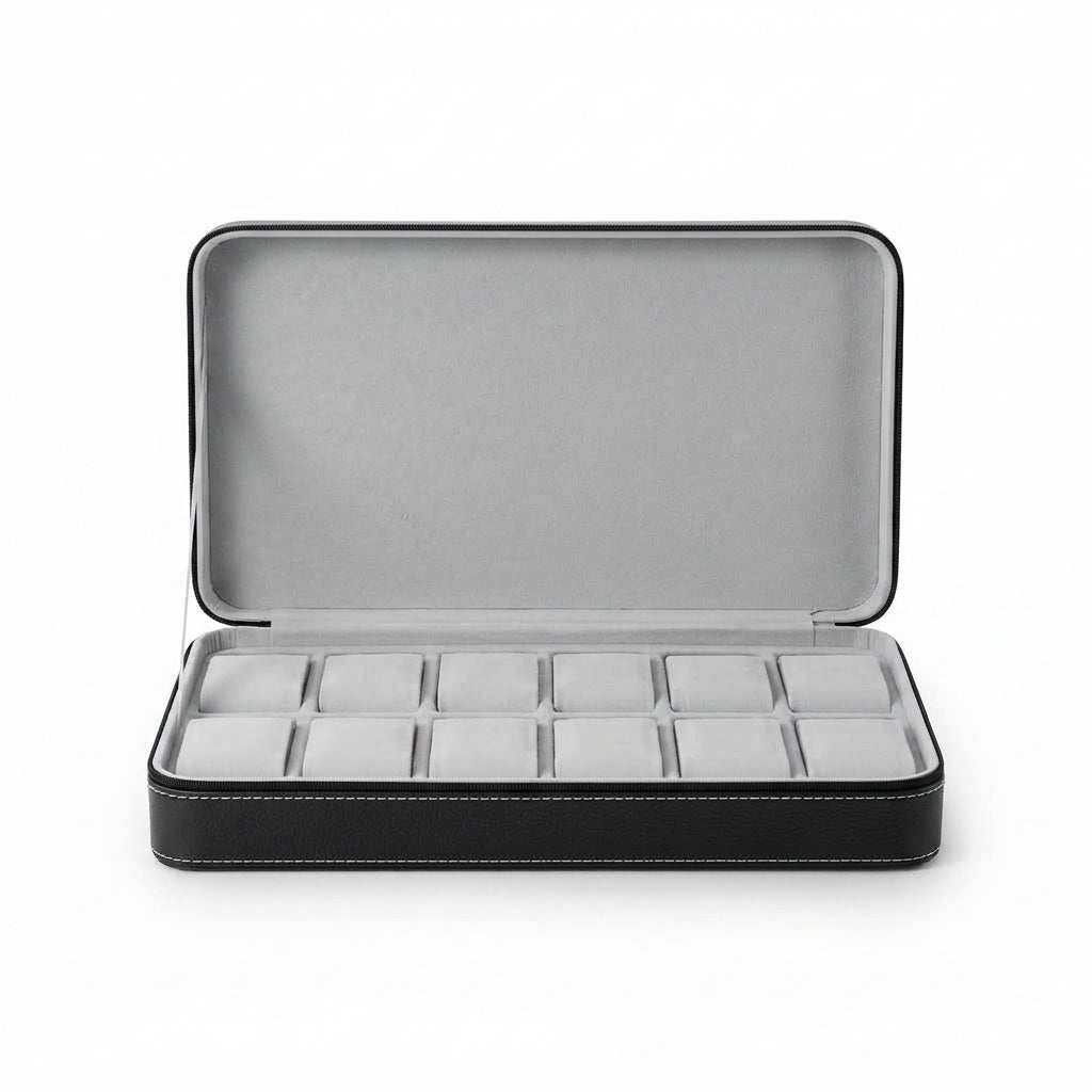 Étui à Montres 12 Compartiments – Belleville, vue de face sur fond clair, finition Noir Onyx