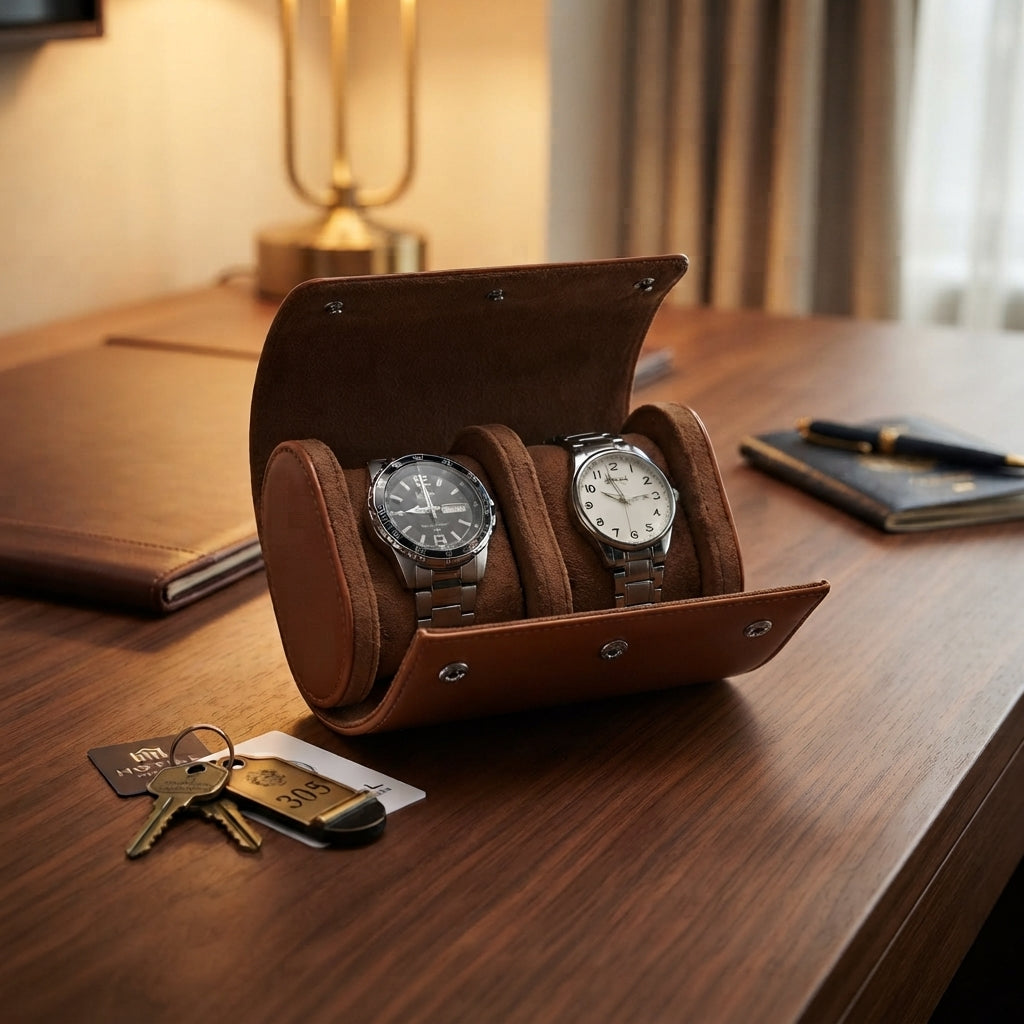 Étui à Montres 2 Emplacements – Vincennes, mise en situation sur un bureau en bois, finition Cognac, avec montres