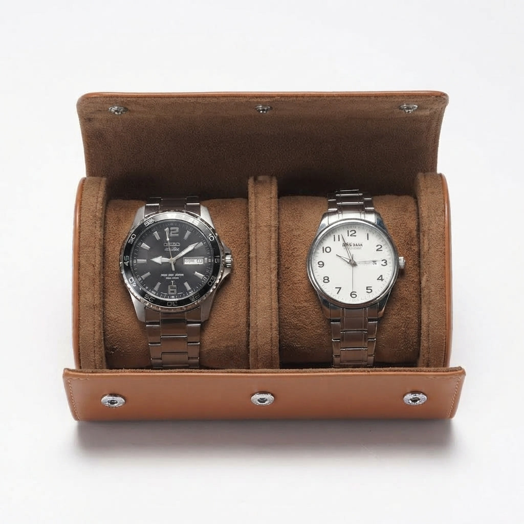 Étui à Montres 2 Emplacements – Vincennes, vue de face sur fond clair, finition Cognac, avec montres