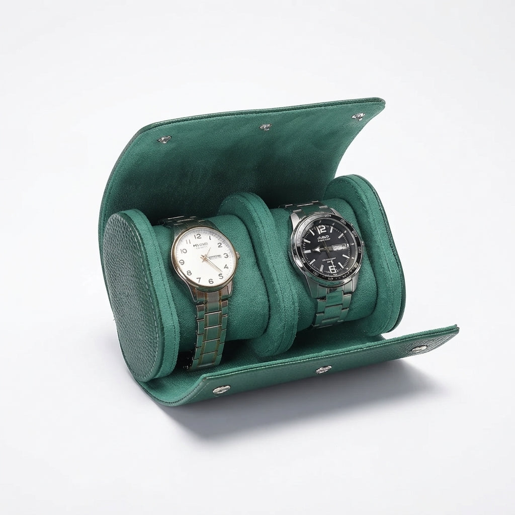 Étui à Montres 2 Emplacements – Vincennes, vue de trois quarts sur fond clair, finition Vert Émeraude, avec montres