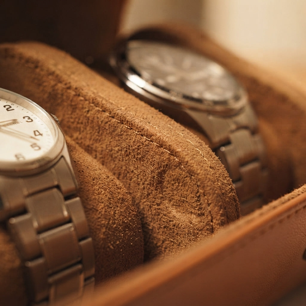Étui à Montres 3 Emplacements – Vincennes, gros plan sur les finitions, finition Cognac, avec montres