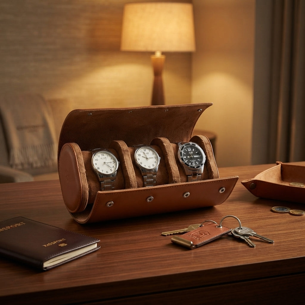 Étui à Montres 3 Emplacements – Vincennes, mise en situation sur un bureau en bois, finition Cognac, avec montres