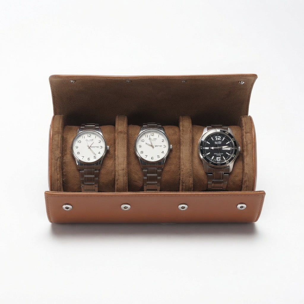 Étui à Montres 3 Emplacements – Vincennes, vue de face sur fond clair, finition Cognac, avec montres