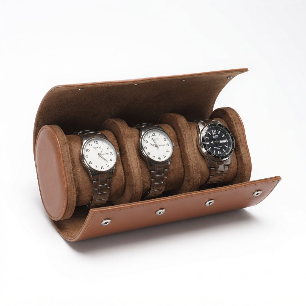 Étui à Montres 3 Emplacements – Vincennes, vue de trois quarts sur fond clair, finition Cognac, avec montres