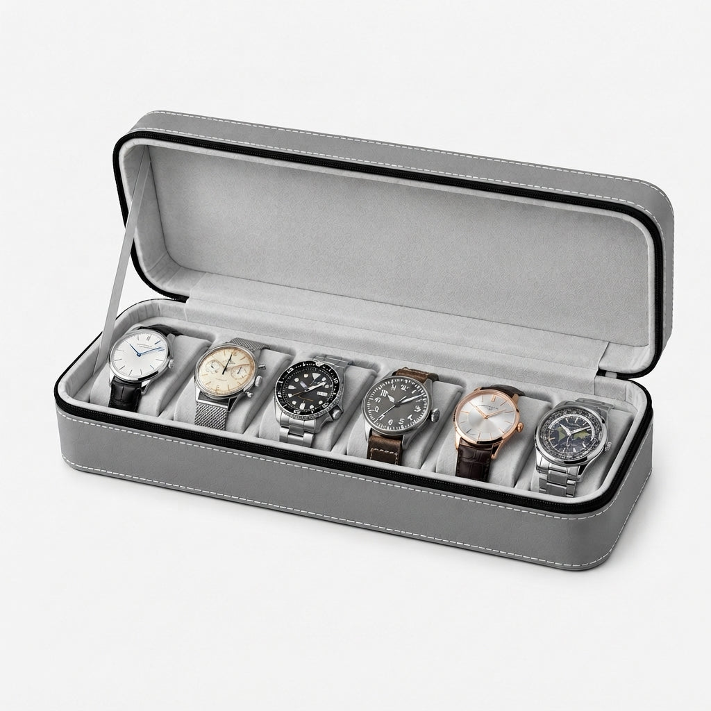 Étui à Montres 6 Compartiments – Belleville, vue de trois quarts sur fond clair, finition Gris Perle, avec montres