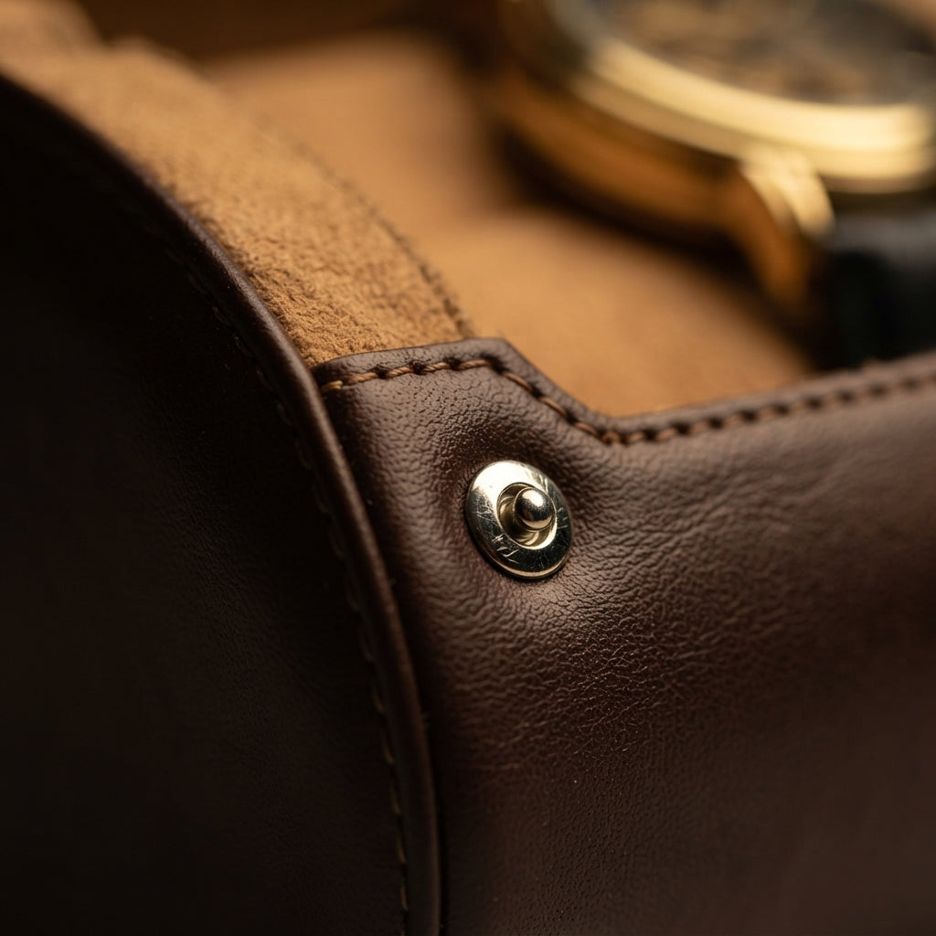 Étui à Montres 6 Emplacements – Villiers, gros plan sur les finitions, finition Brun Ébène & Cognac, avec montres