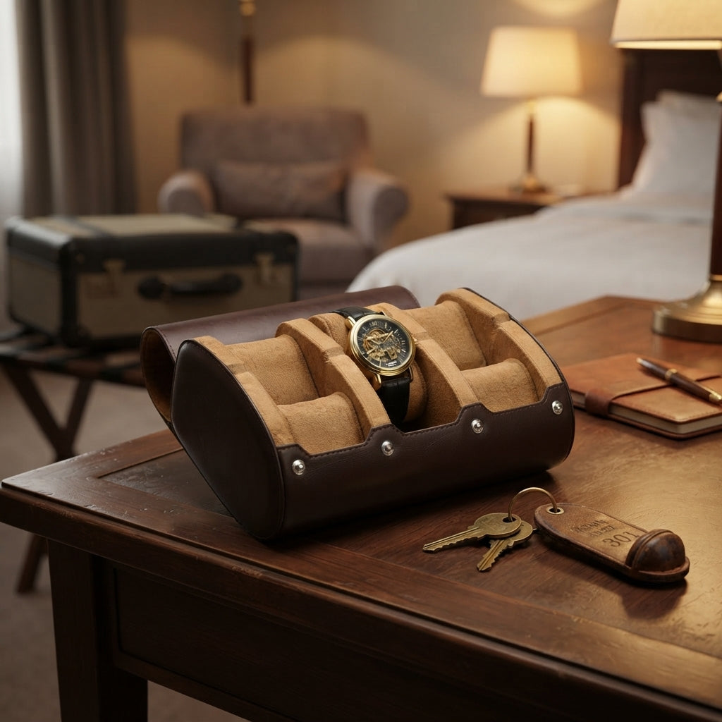 Étui à Montres 6 Emplacements – Villiers, mise en situation sur un bureau en bois, finition Brun Ébène & Cognac, avec montres
