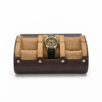 Étui à Montres 6 Emplacements – Villiers, vue de face sur fond clair, finition Brun Ébène & Cognac, avec montres