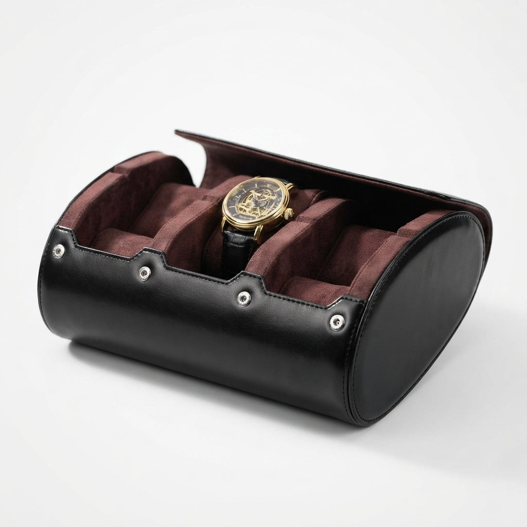 Étui à Montres 6 Emplacements – Villiers, vue de trois quarts sur fond clair, finition Noir Onyx & Bordeaux, avec montres