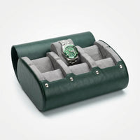 Étui à Montres 6 Emplacements – Villiers, vue de trois quarts sur fond clair, finition Vert Forêt & Gris, avec montres