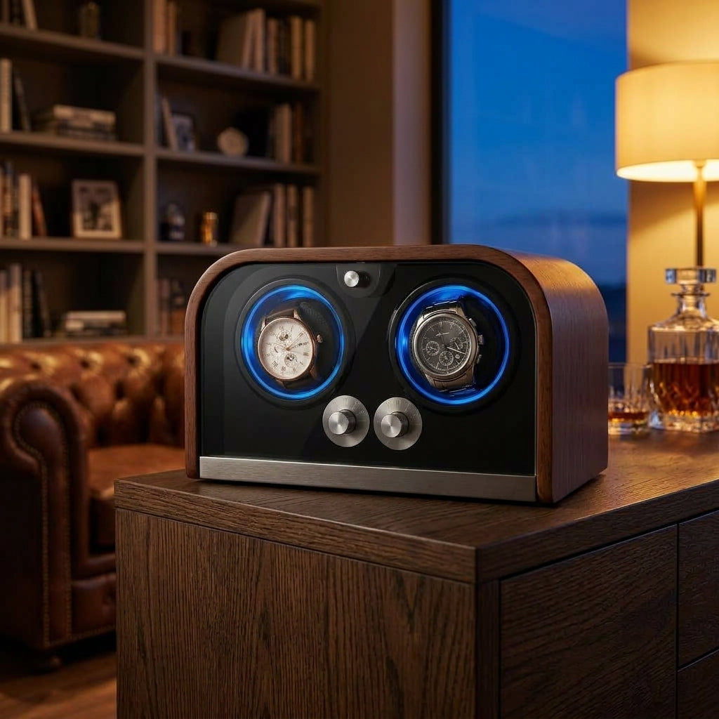 Remontoir Automatique 2 Montres – Grenelle, mise en situation sur un bureau en bois, finition noyer, avec montres installées