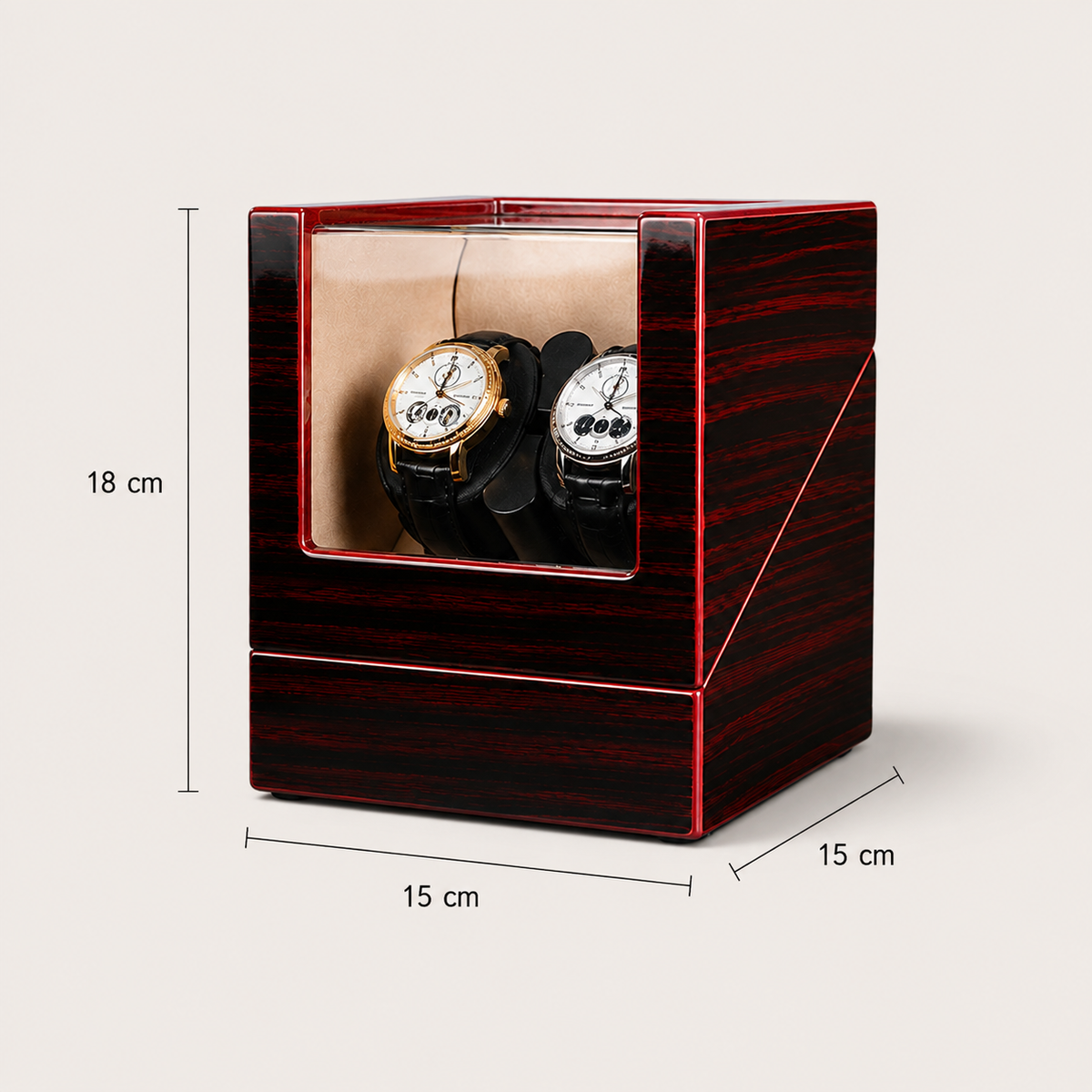 Remontoir Automatique 2 Montres – Héritage, schéma des dimensions, finition Ébène Rouge, avec montres installées