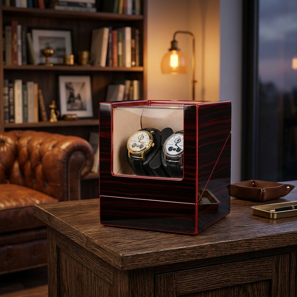 Remontoir Automatique 2 Montres – Héritage, mise en situation sur un bureau en bois, finition Ébène Rouge, avec montres installées