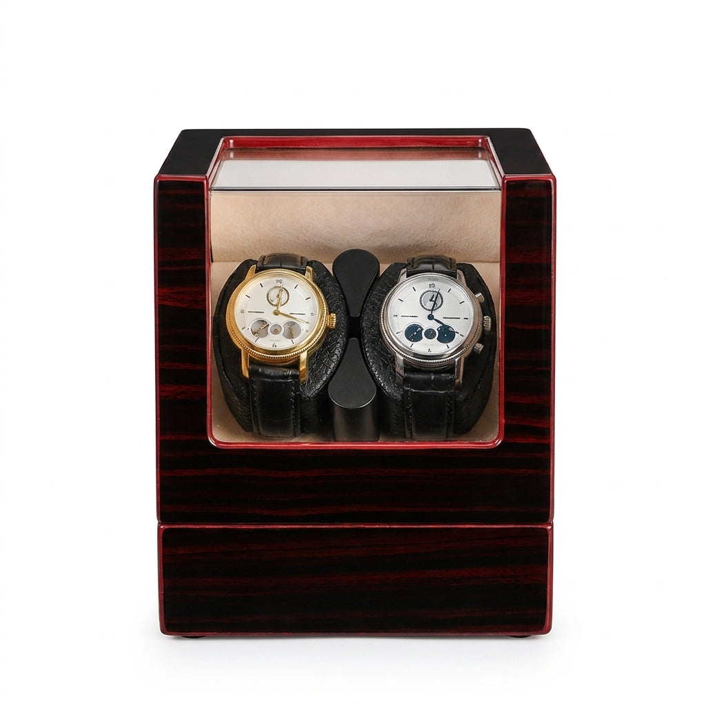 Remontoir Automatique 2 Montres – Héritage, vue de face sur fond clair, finition Ébène Rouge, avec montres installées