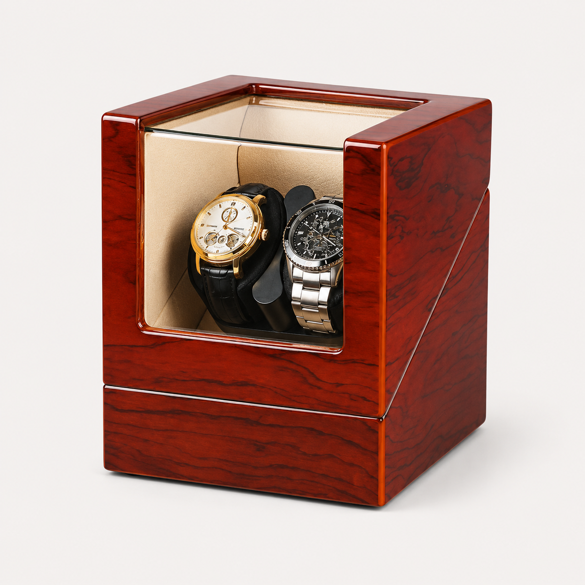 Remontoir Automatique 2 Montres – Héritage, vue de trois quarts sur fond clair, finition Acajou, avec montres installées