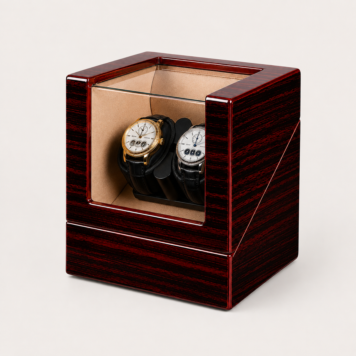 Remontoir Automatique 2 Montres – Héritage, vue de trois quarts sur fond clair, finition Ébène Rouge, avec montres installées