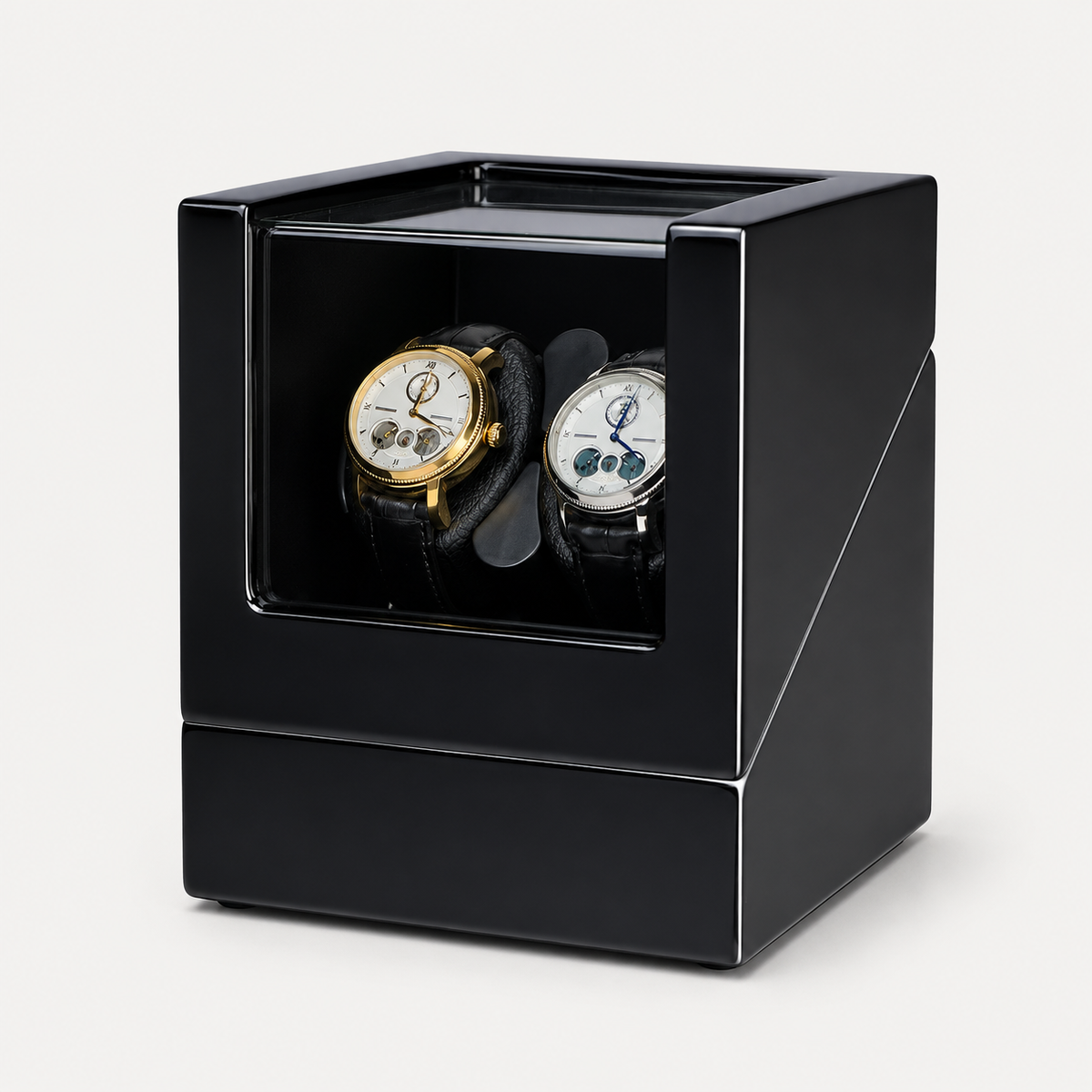Remontoir Automatique 2 Montres – Héritage, vue de trois quarts sur fond clair, finition Noir Piano, avec montres installées