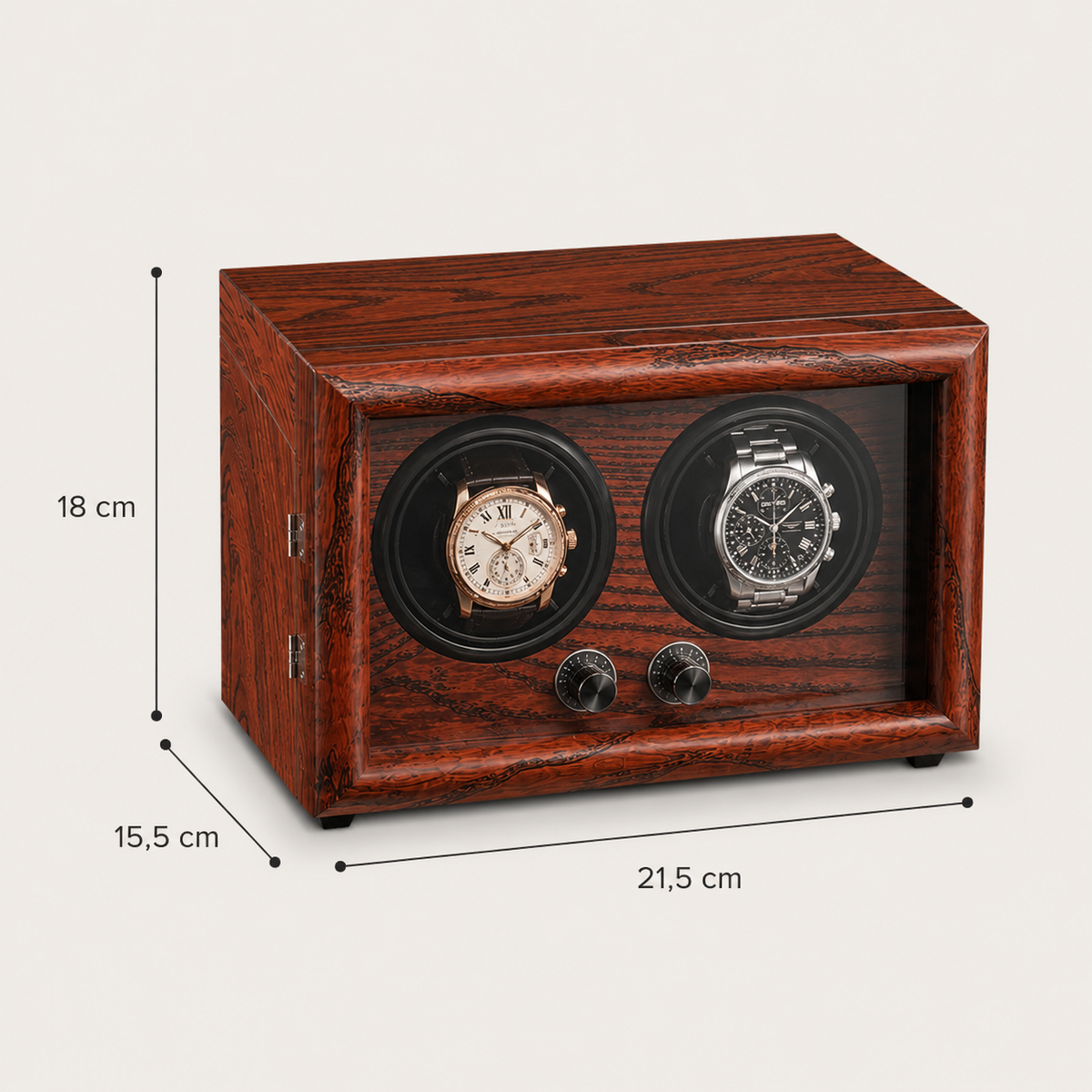 Remontoir Automatique 2 Montres – Kléber, schéma des dimensions, finition Bois Acajou, avec montres installées
