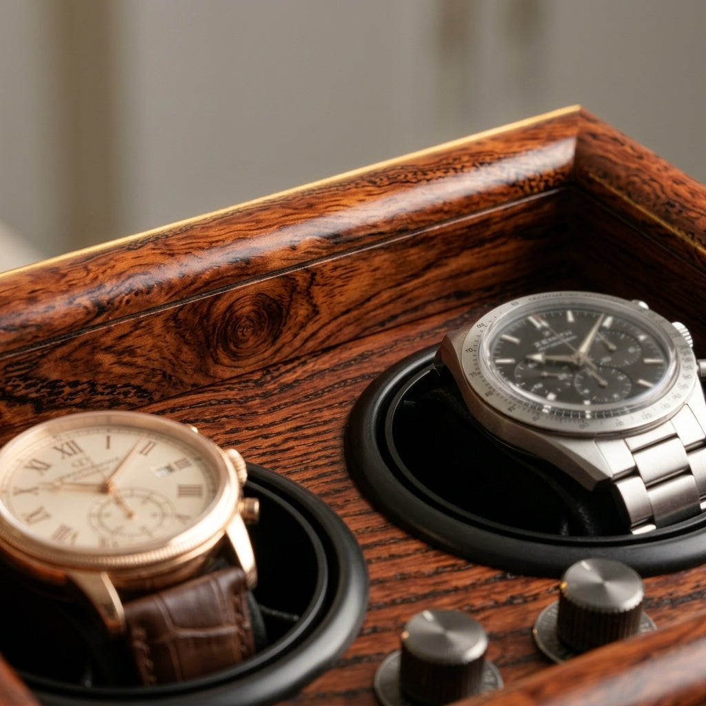 Remontoir Automatique 2 Montres – Kléber, gros plan sur les finitions, finition Bois Acajou, avec montres installées