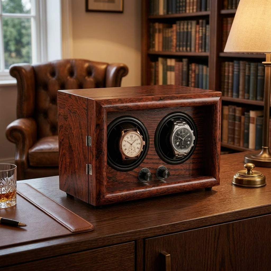 Remontoir Automatique 2 Montres – Kléber, mise en situation sur un bureau en bois, finition Bois Acajou, avec montres installées