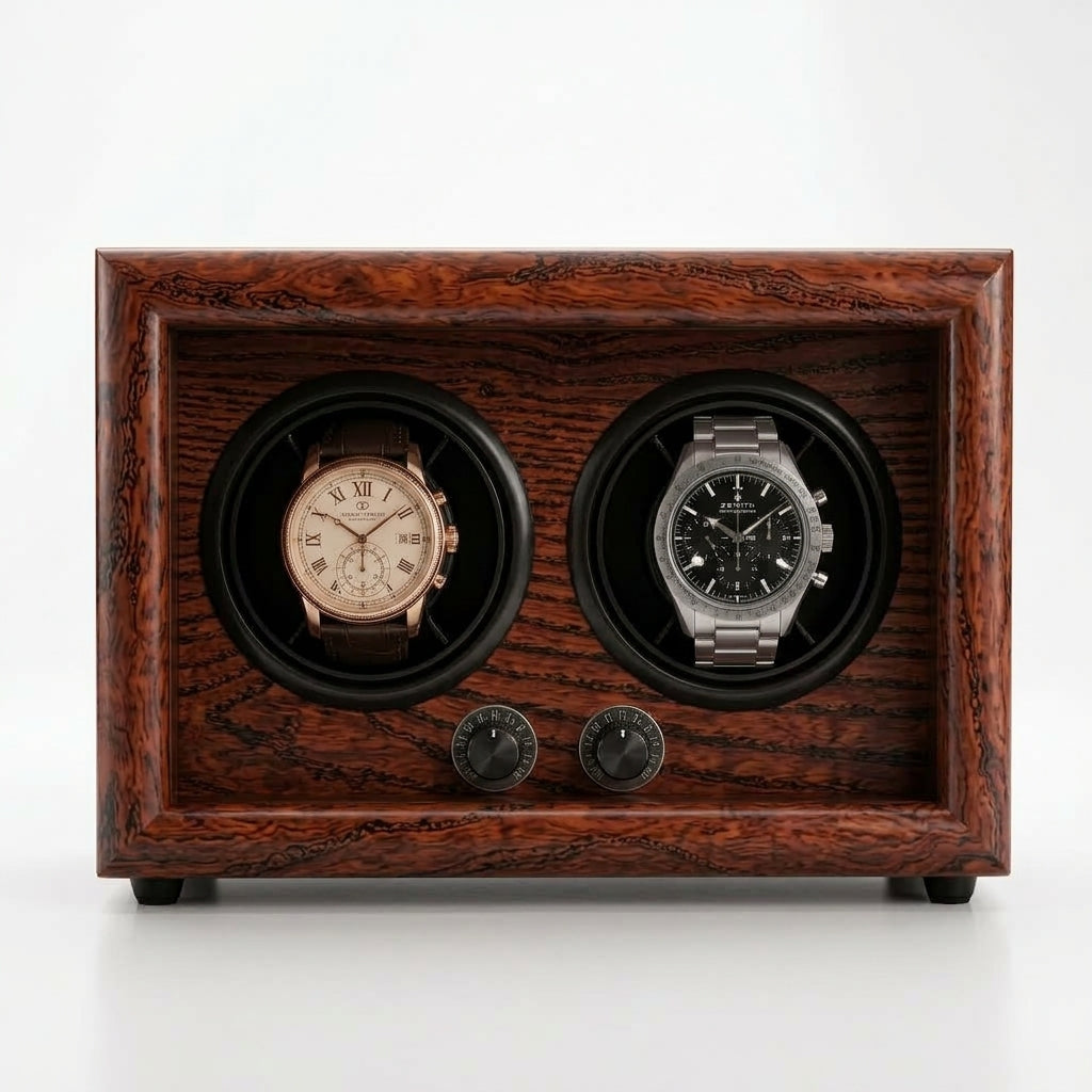 Remontoir Automatique 2 Montres – Kléber, vue de face sur fond clair, finition Bois Acajou, avec montres installées