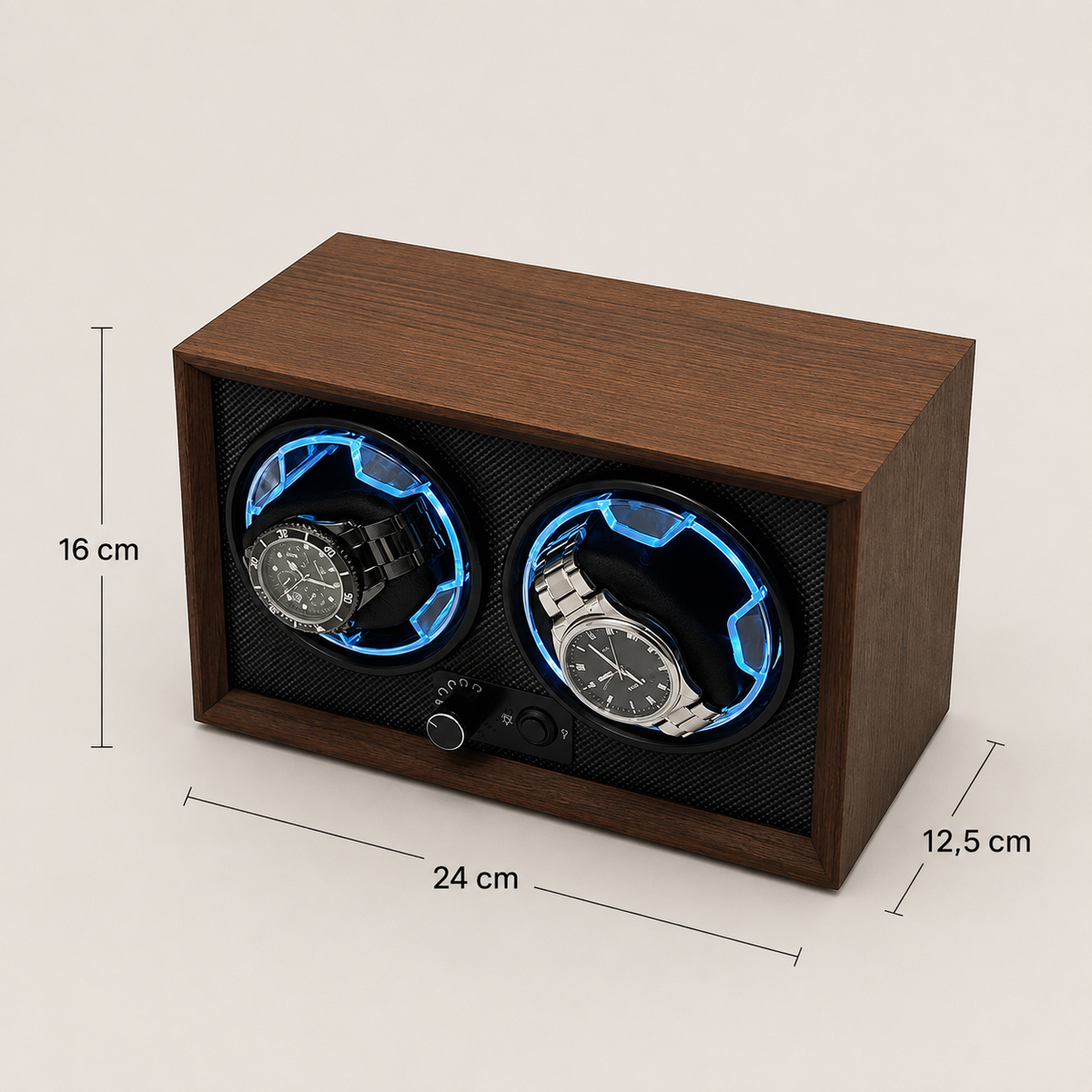 Remontoir Automatique 2 Montres – Louvre, schéma des dimensions, finition Bois Noyer, avec montres installées