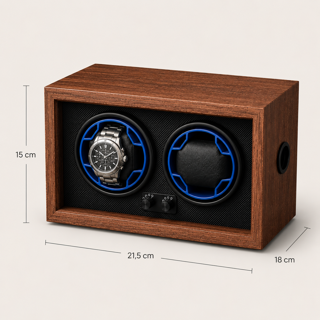 Remontoir Automatique 2 Montres – Marais, schéma des dimensions, finition brun foncé, avec montres installées