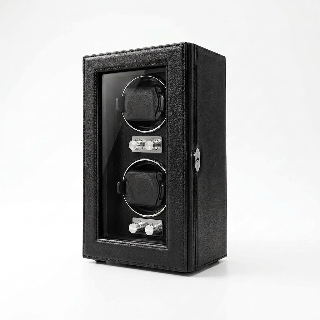 Remontoir Automatique 2 Montres – Maubert, vue de trois quarts sur fond clair, finition noire