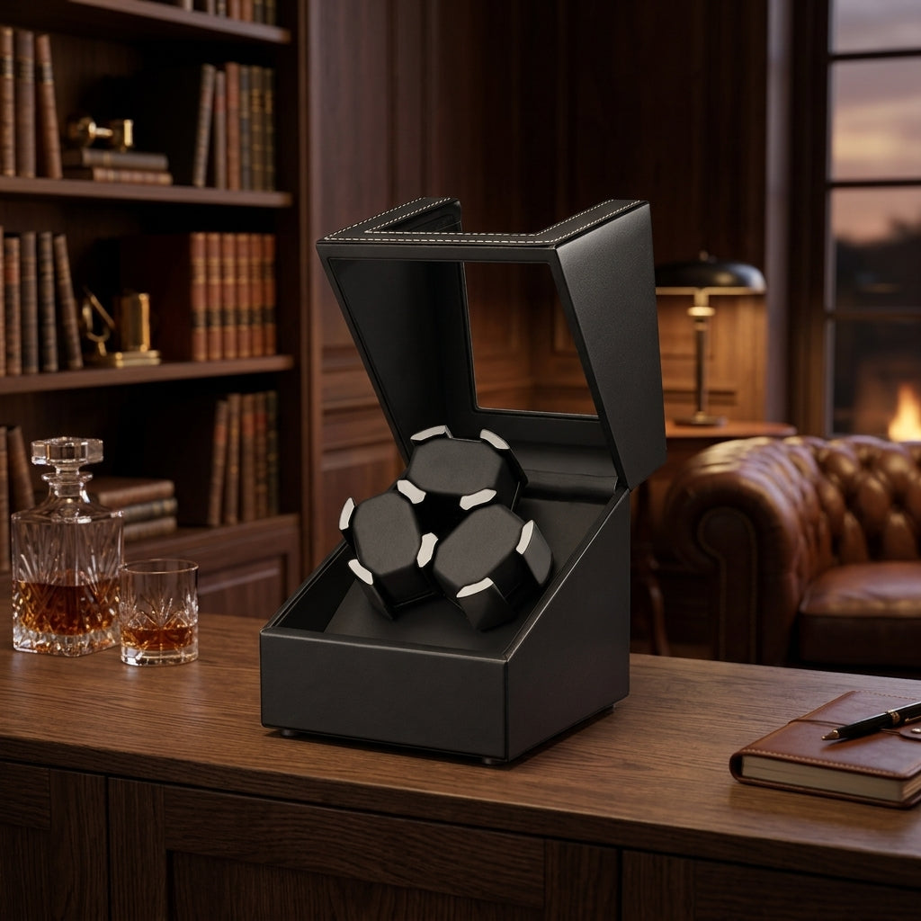 Remontoir Automatique 3 Montres – Montaigne, mise en situation sur un bureau en bois, finition noire