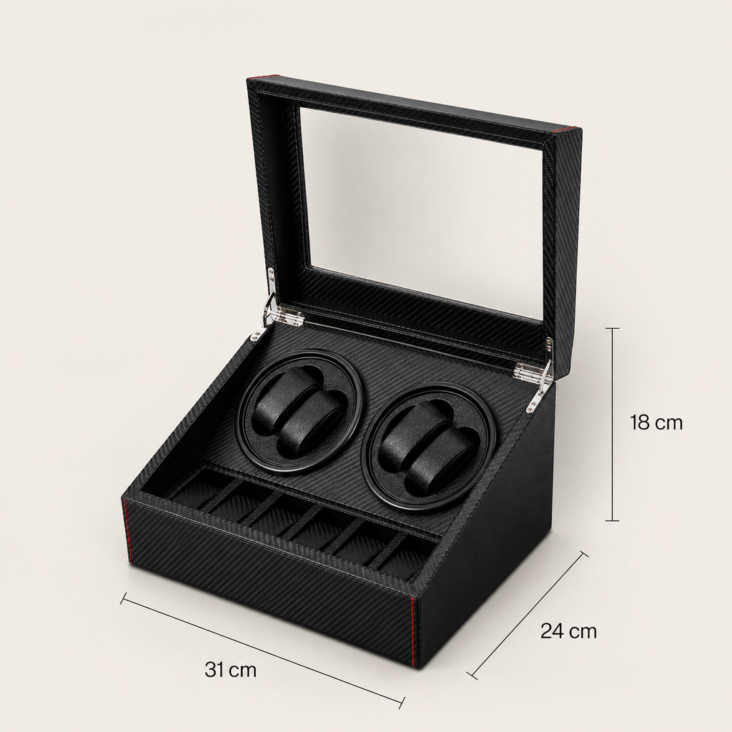 Remontoir Automatique 4 Montres + Rangement 6 Montres – Madeleine, schéma des dimensions, finition noire