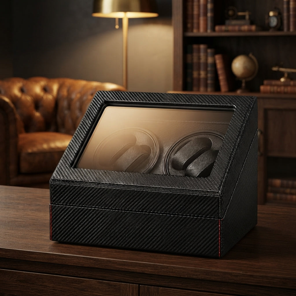 Remontoir Automatique 4 Montres + Rangement 6 Montres – Madeleine, mise en situation sur un bureau en bois, finition noire