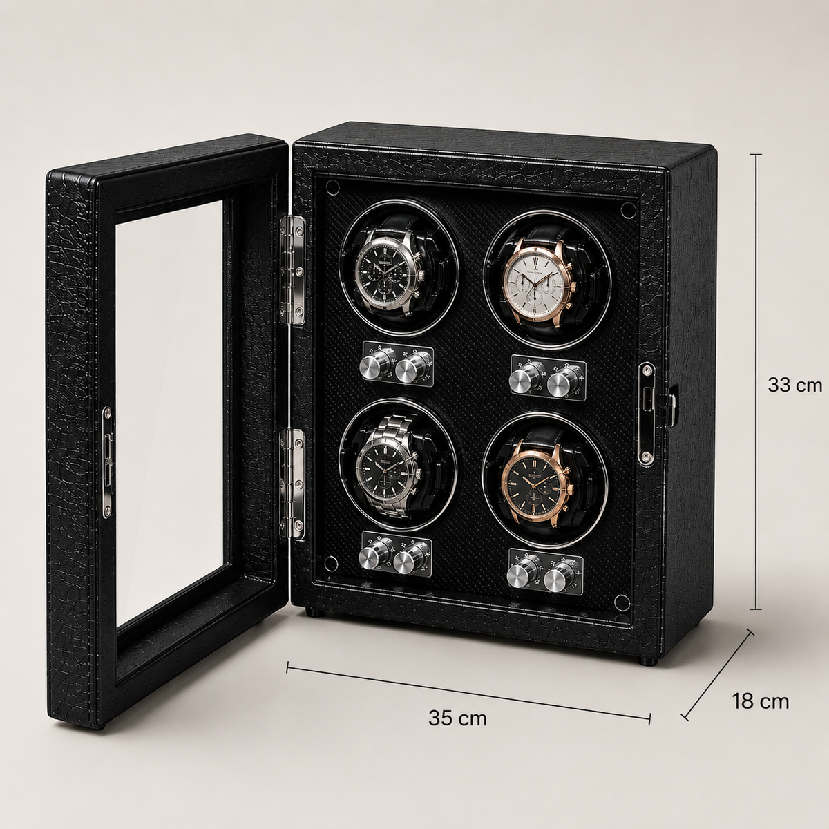 Remontoir Automatique 4 Montres – Cardinet, schéma des dimensions, finition noire, avec montres installées