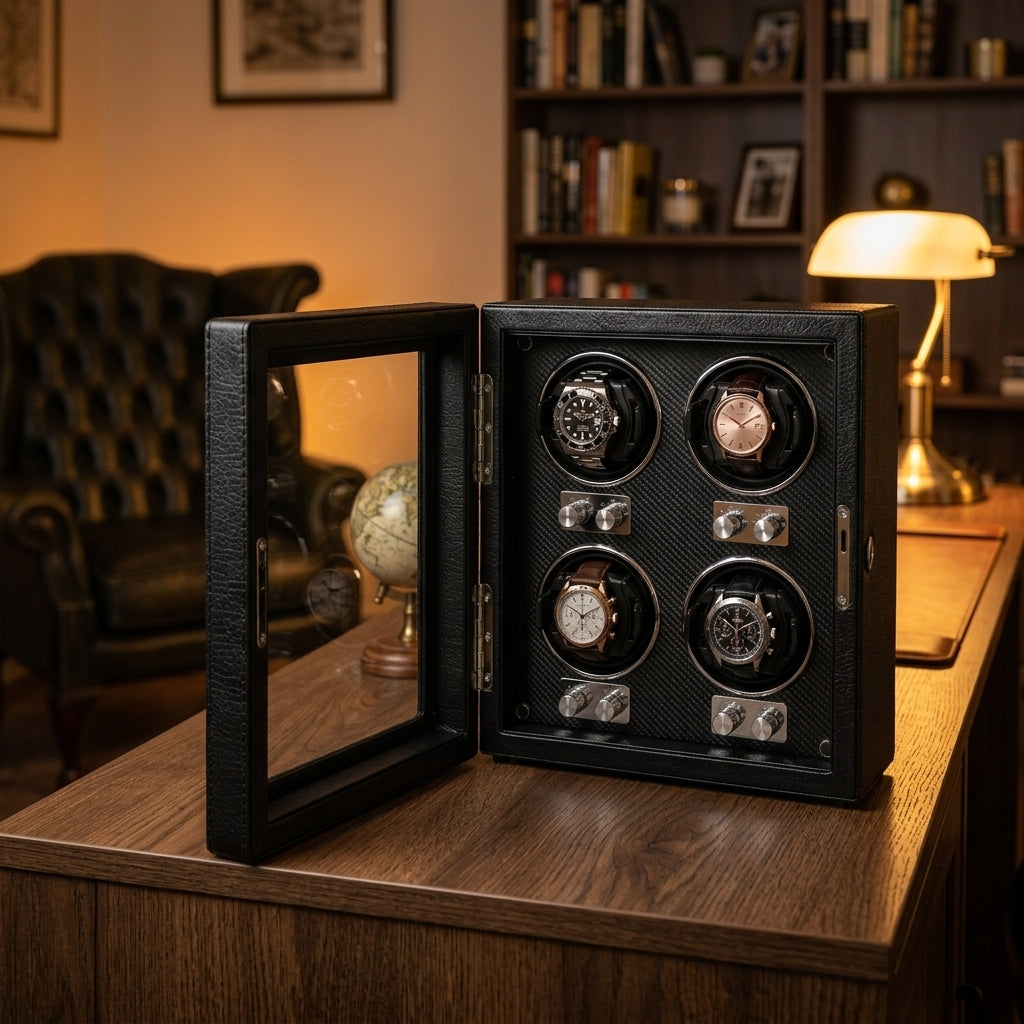 Remontoir Automatique 4 Montres – Cardinet, mise en situation sur un bureau en bois, finition noire, avec montres installées