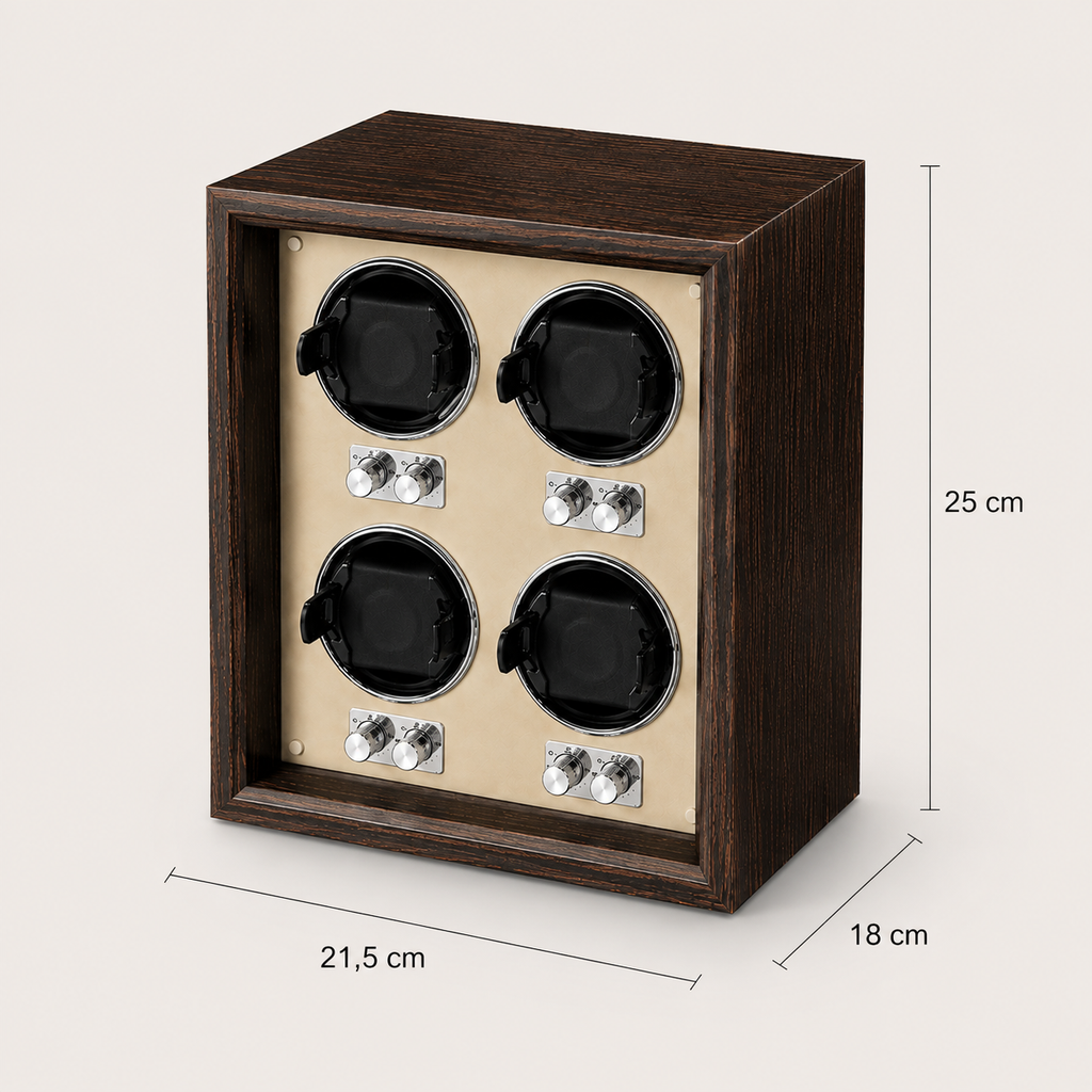 Remontoir Automatique 4 Montres – Solférino, schéma des dimensions, finition Bois Noyer & Ivoire