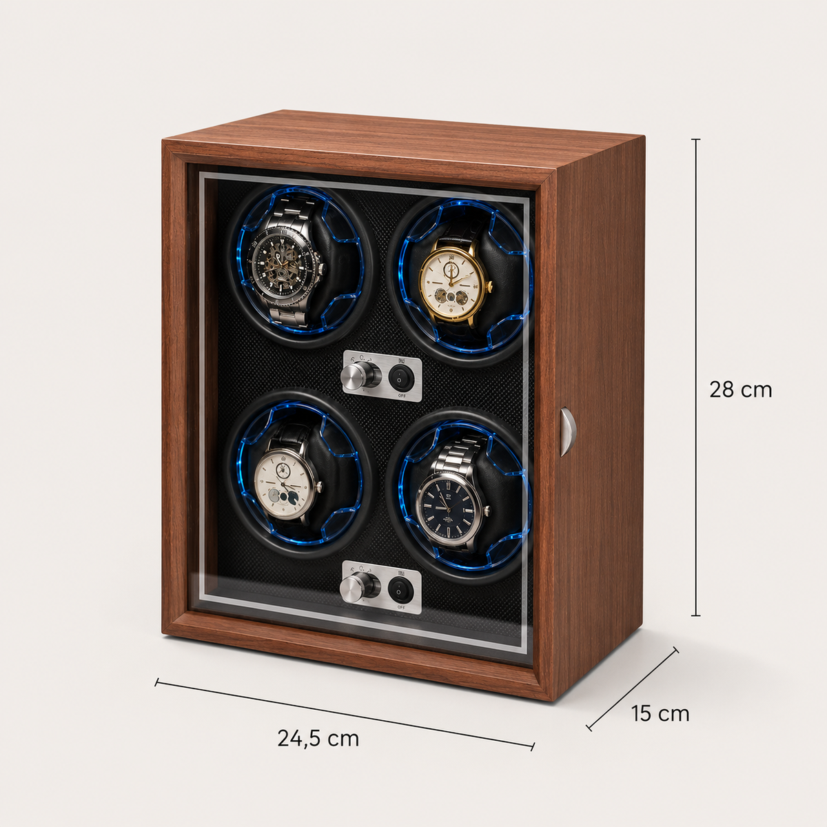 Remontoir Automatique 4 Montres – Trocadéro, schéma des dimensions, finition noyer, avec montres installées
