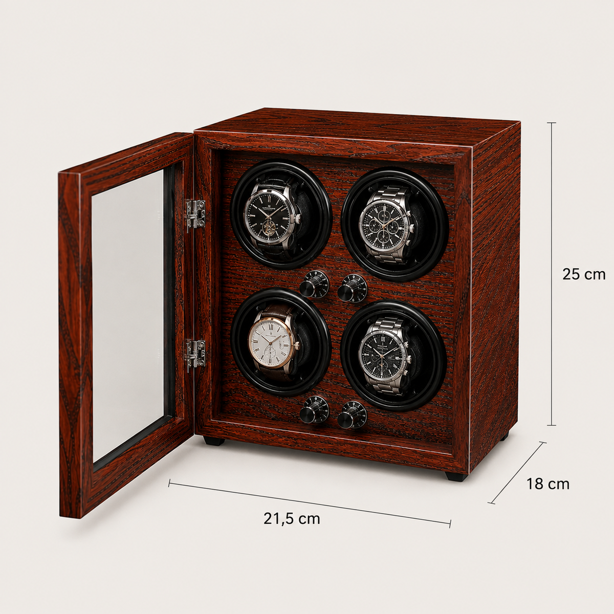 Remontoir Automatique 4 Montres – Wagram, schéma des dimensions, finition Bois Acajou, avec montres installées