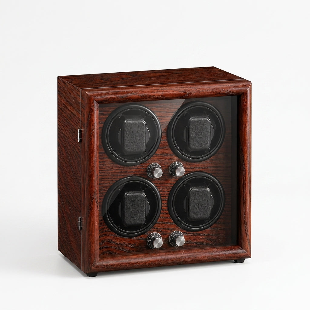 Remontoir Automatique 4 Montres – Wagram, vue de trois quarts sur fond clair, finition Bois Acajou