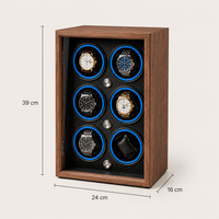 Remontoir Automatique 6 Montres – Orsay, schéma des dimensions, finition noyer, avec montres installées